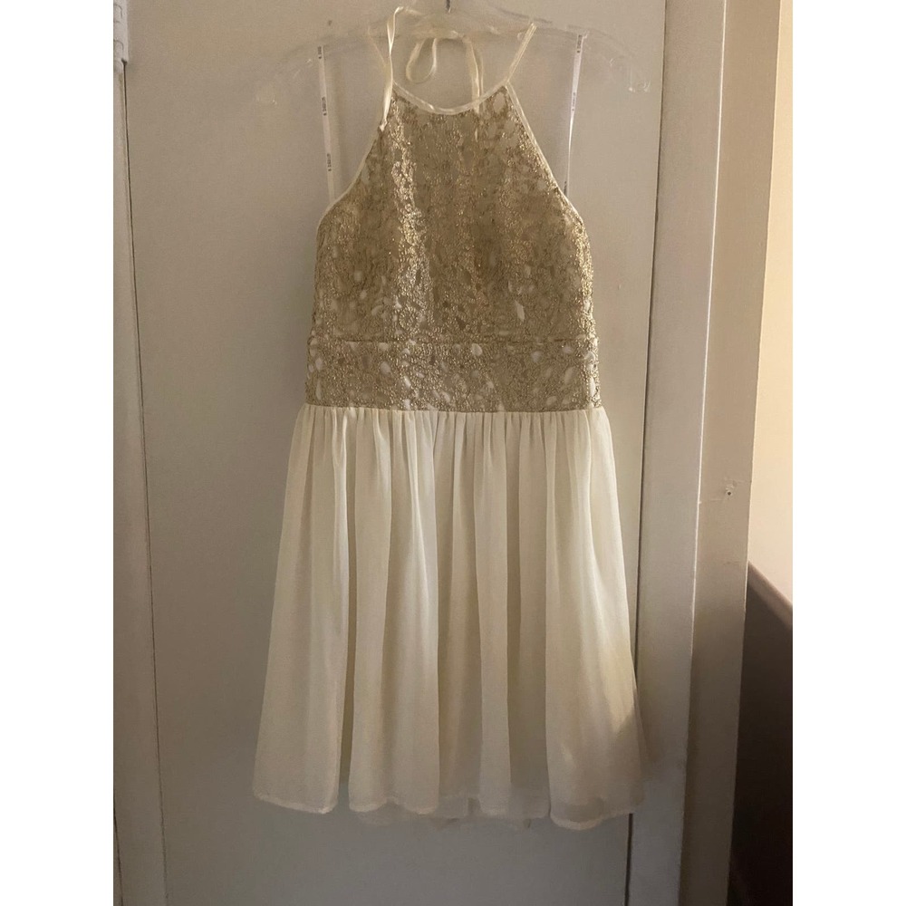 B Darlin off white cocktail dress gold lacy bodice tie-neck fully lined